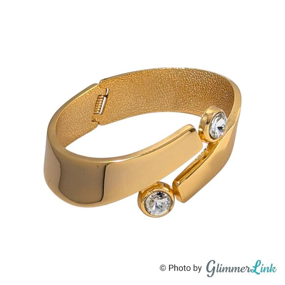 Vintage Modernist Clear Rhinestone Accents Gold Tone Hinged Cuff Bracelet - Picture 6 of 9